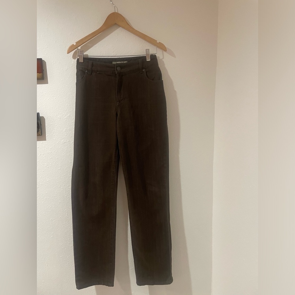 CHICOS Platinum size 1.5 Brown striated denim trouser. Waist 17” flat.EUC
